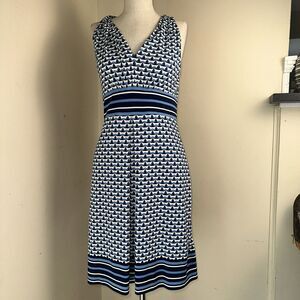 MAX STUDIO Dress Blue Geometric Floral Poly Spandex Sz Small EUC